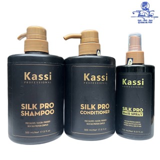 Bộ dầu gội xả và xịt dưỡng siêu thơm mềm mượt phục hồi giữ màu tóc Kassi SILK PRO 500mlx2/250ml
