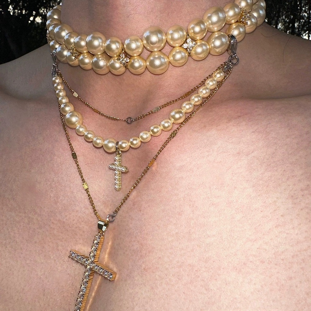Vòng Cổ Choker Hai Lớp Bằng Thép Titan Đính Hạt Ngọc Trai Cao Cấp Thiết Kế Chính Hãng Thời Trang Cho Nam Và Nữ