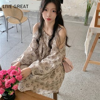 Đầm Chữ A Hở Vai Họa Tiết Hoa Phong Cách Hàn Quốc Cho Nữ