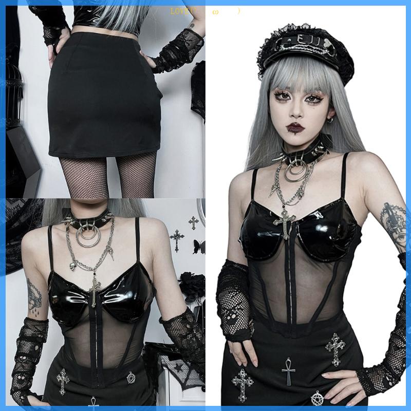 Roy Đầm mini Da pu Phối Lưới Phong Cách gothic punk Cho Nữ