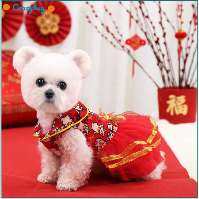 Cr Đầm Họa Tiết Mèo May Mắn Phong Cách Trung Hoa Mềm Mại Thoải Mái Cho Thú Cưng