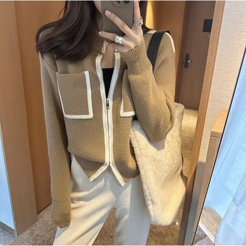 Sugemiusi Áo Khoác cardigan Dệt Kim Hai Đầu Phối Khóa Kéo Phong Cách chanel Thời Trang Thu Đông Dành Cho Nữ