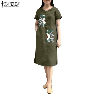 Zanzea Đầm Nữ Cổ Tròn Ngắn Tay Xẻ Tà Thời Trang Hàn