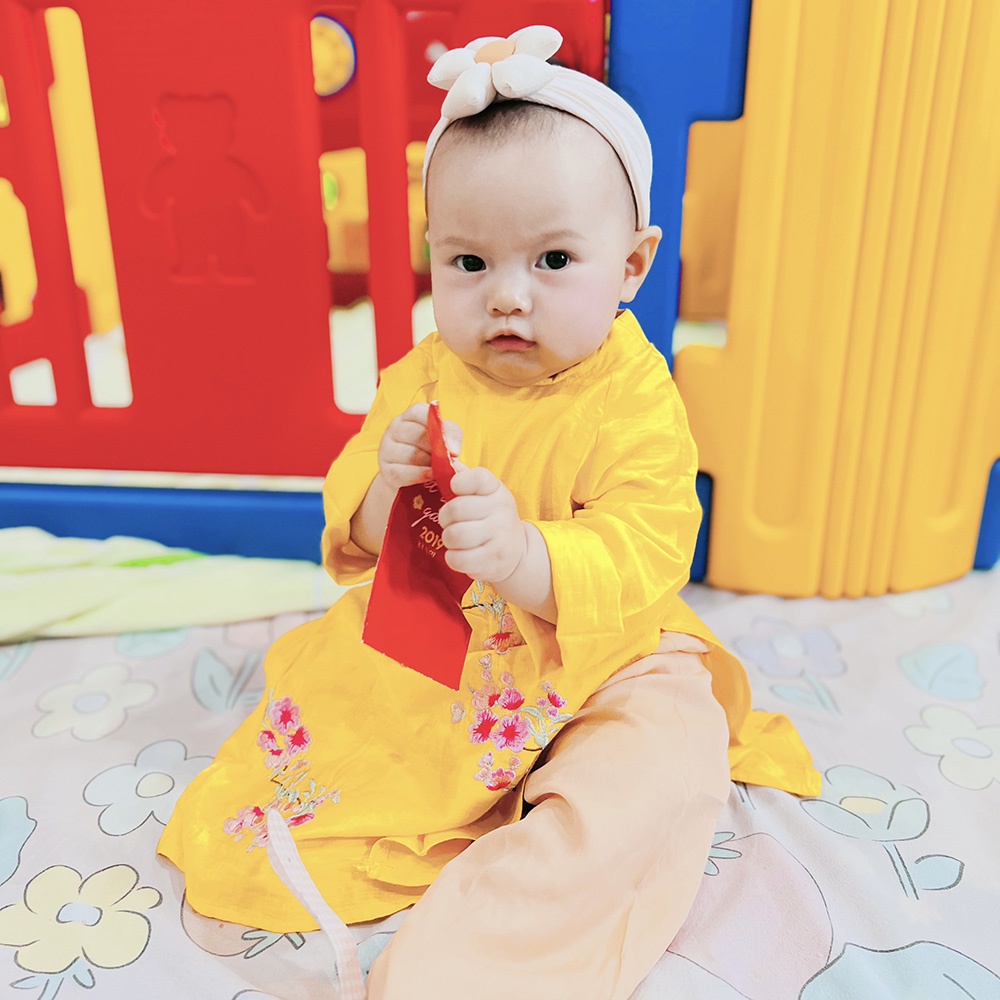Áo dài bé gái thêu hoa truyền thống chất tơ đũi mềm mịn mát áo kèm quần MamLa