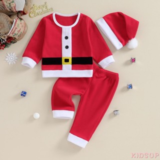 Kidsup 1 Bộ Trang Phục Giáng Sinh Gồm 3 Món Gồm Áo Thun Tay Dài Cài Nút + Quần Dài + Nón Ông Già Noel Cho Bé Trai Bé Gái