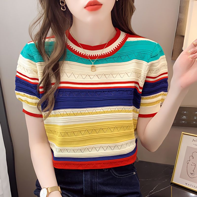 Áo sweater Dệt Kim Mỏng Dáng Rộng Tay Ngắn Kẻ Sọc Màu Sắc Tương Phản Thời Trang Cho Nữ