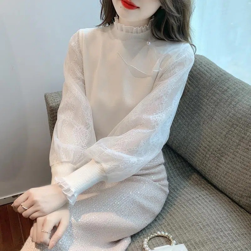 40-90kg Áo Sweater Dệt Kim Vải Chiffon Phối Ren Tay Lồng Đèn Sang Trọng Cho Nữ Cỡ