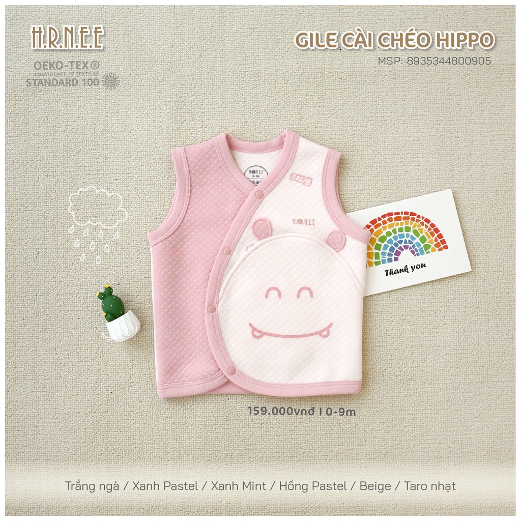 H.R.N,E.E -  Áo gile trần bông cài chéo Hippo cho bé trai bé gái từ 0m đến 6-9m