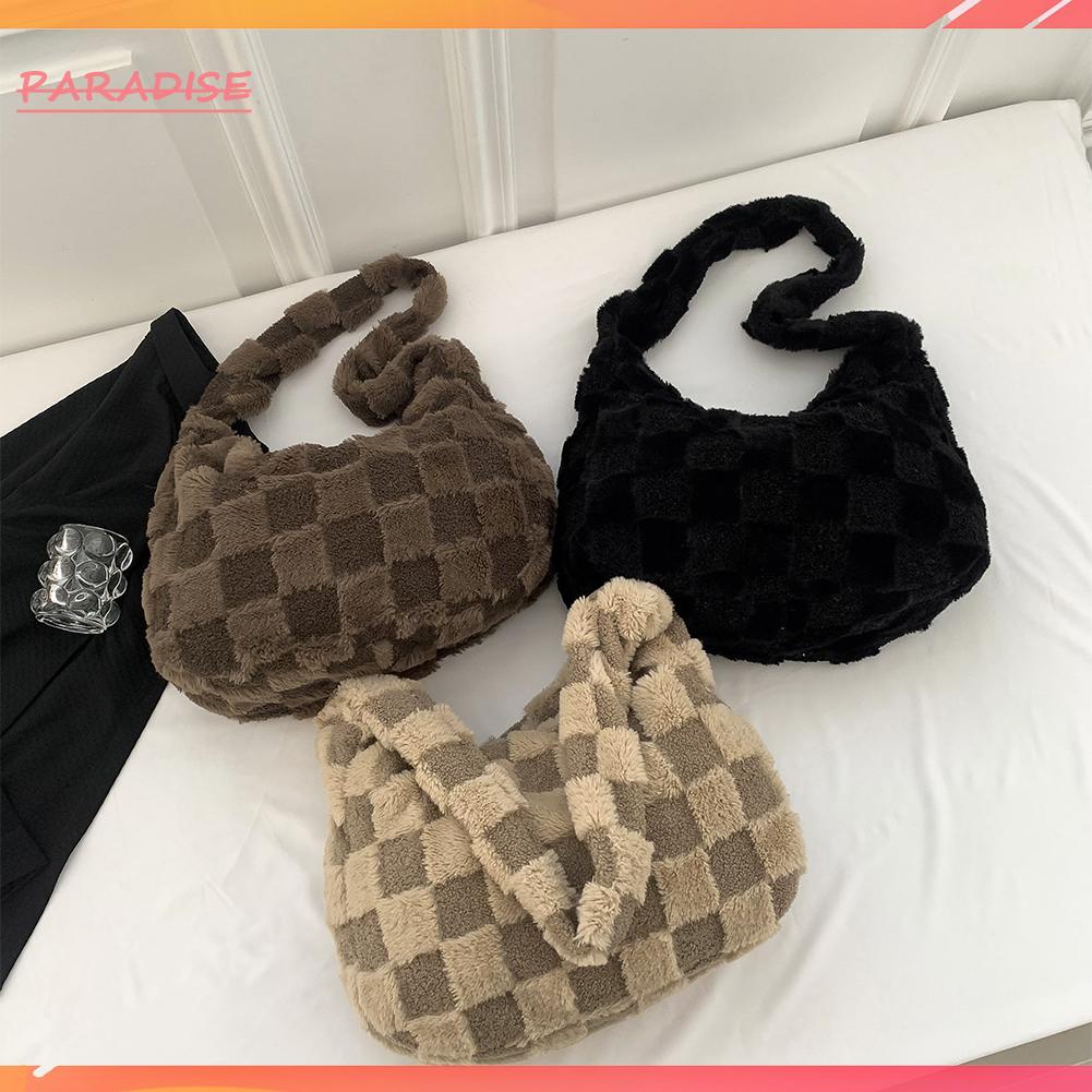 Túi Đeo Chéo Phủ Lông Mềm Mại Họa Tiết Caro Thời Trang Thu Đông Cho Nữ