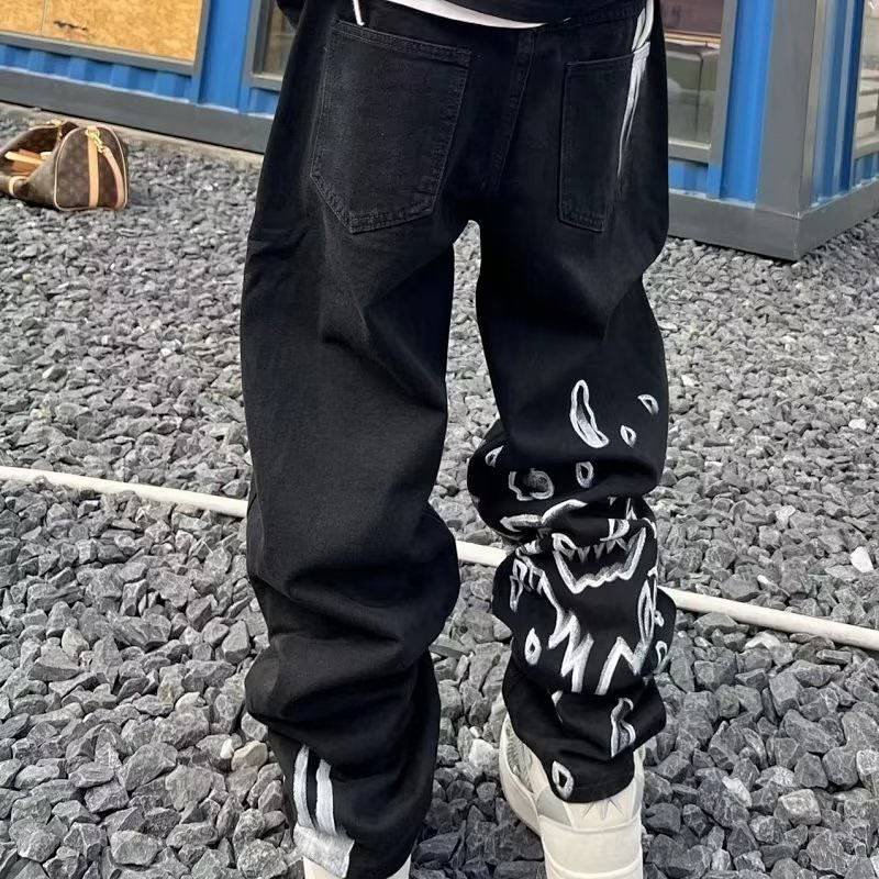 Graffiti Skull Personality Printed Jeans Men and Women New Ins Street Trend Hip Hop Straight Loose Pants GXnC