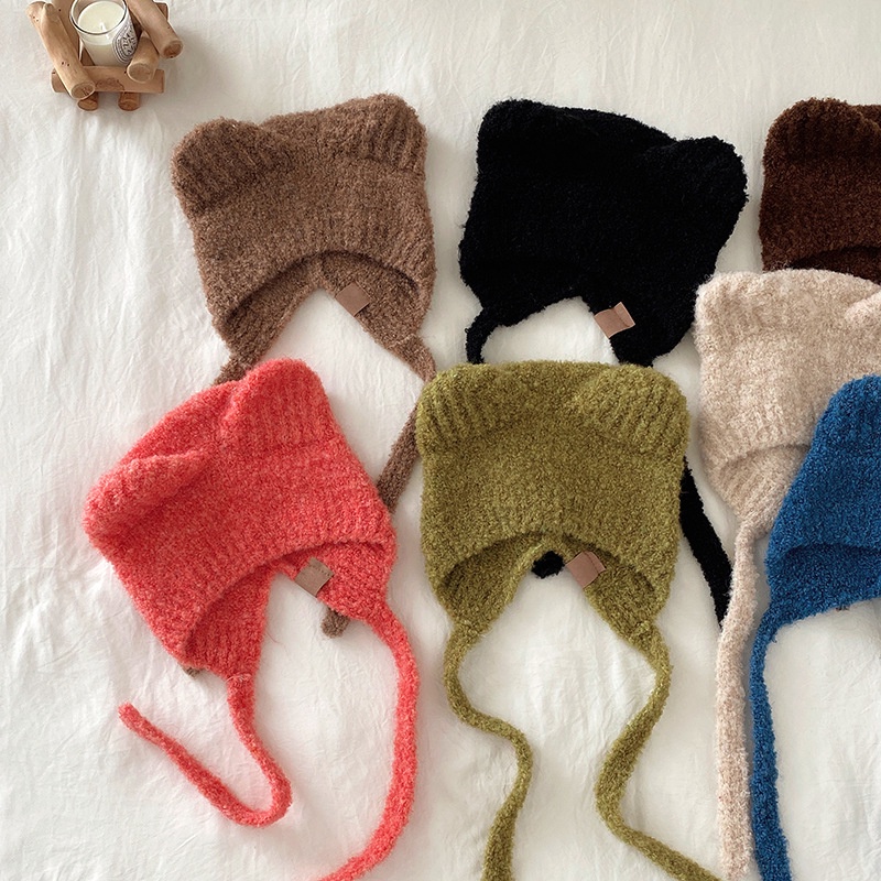 Mũ Len Dệt Kim Che Tai Chống Gió Ấm Áp Hình Tai Gấu Nhỏ Dễ Thương Phong Cách Hàn Quốc Cho Bé