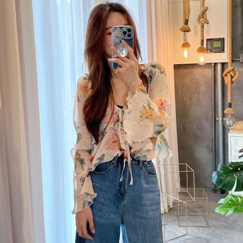 Áo Sơ Mi Ngắn Thắt Dây In Họa Tiết Sang Trọng Thoải Mái Thời Trang Mùa Hè Cho Nữ