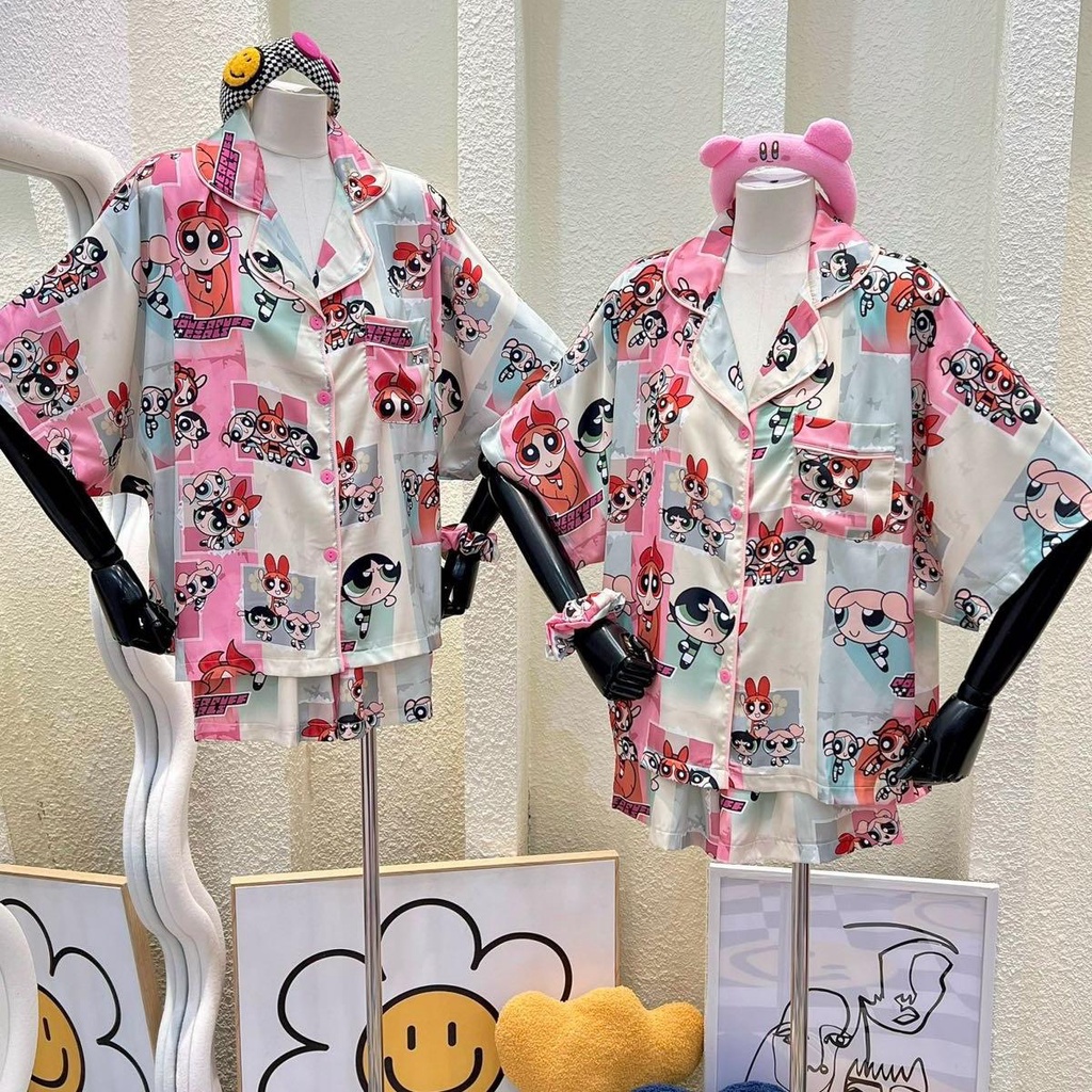 Bộ Pijama Monybear quần đùi , áo tay dơi in hình Powerpuff girl khung kèm cột tóc - HN1591