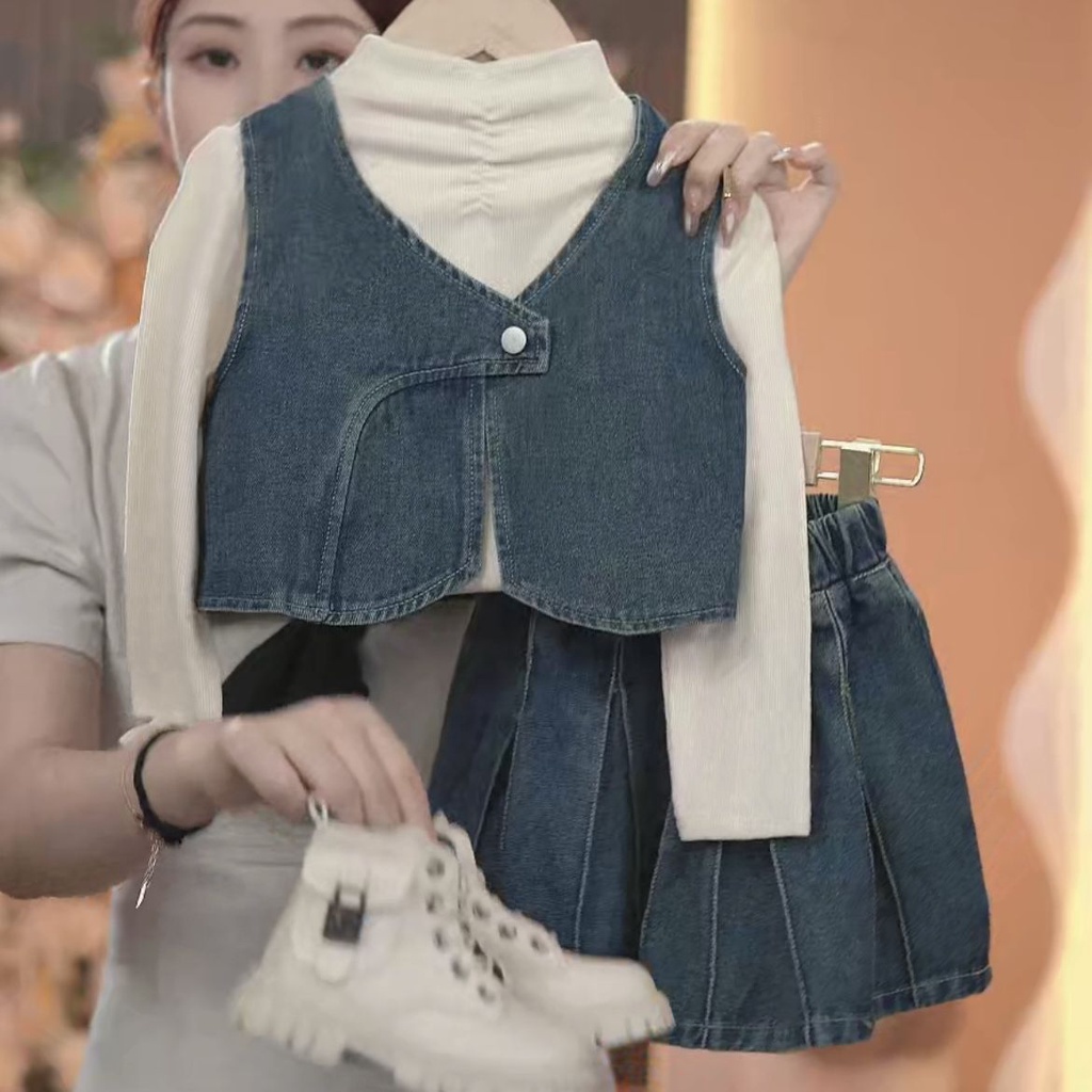 Set Đồ denim Ba Món Phong Cách Hàn Quốc Thời Trang Mùa Thu Mới 2023 Cho Bé Gái