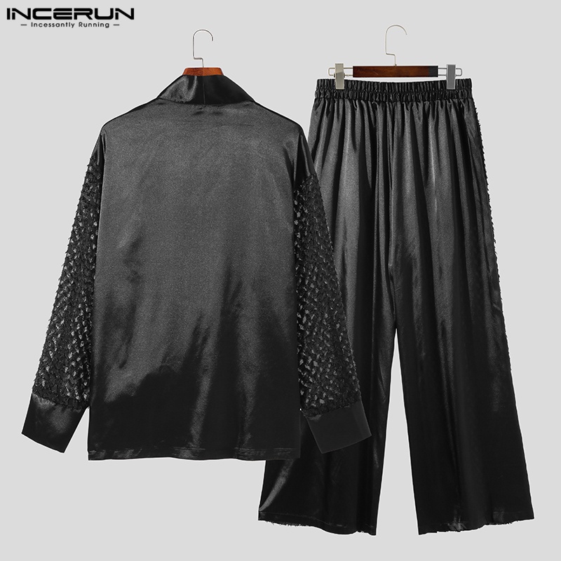 INCERUN Bộ Áo Khoác cardigan Dài Tay Xuyên Thấu + Quần Ống Rộng Thời Trang vintage Dành Cho Nam