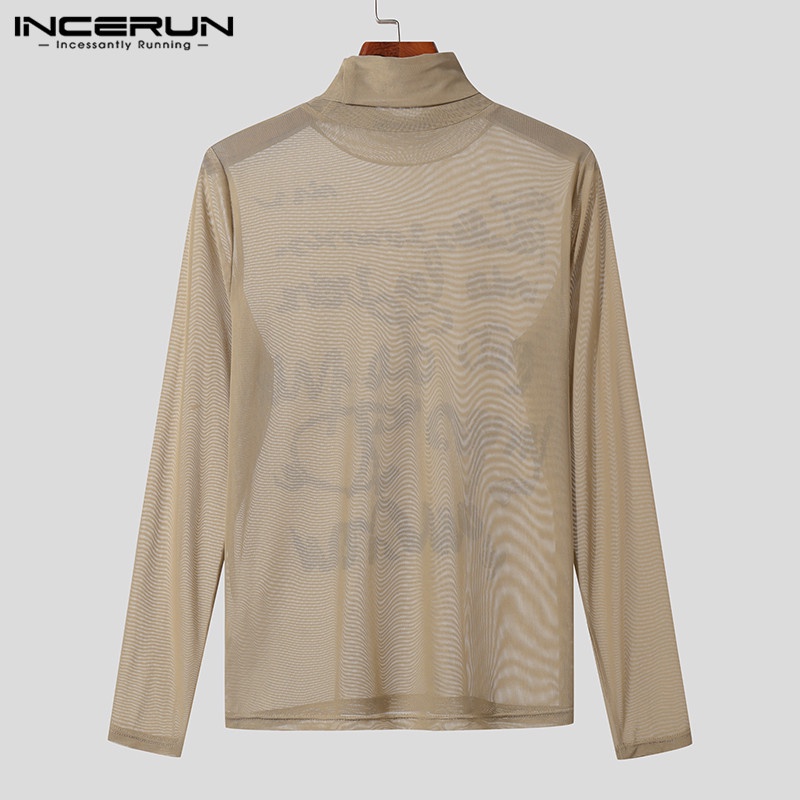 Incerun Áo Thun Nam Tay Dài Cổ Cao Phối Lưới Màu Sắc vintage Nhìn Xuyên Thấu In Chữ Tiếng Anh