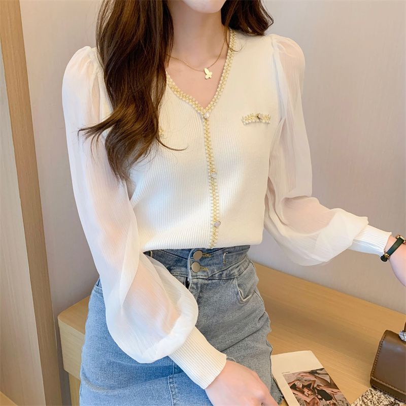 Áo chiffon Dệt Kim Tay Phồng Dáng Rộng Phong Cách Pháp Thời Trang Cho Nữ