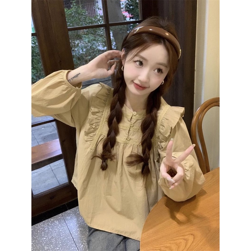 Áo Sơ Mi Dài Tay Phối Bèo Phong Cách Pháp Thời Trang Cho Nữ