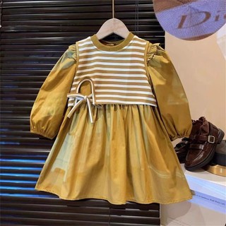 Bộ Đầm Hai Mảnh Tay Dài Kẻ Sọc Nhỏ Dễ Thương + Áo vest Nhỏ Màu Trơn Thời Trang Thu Đông Cho Bé Gái