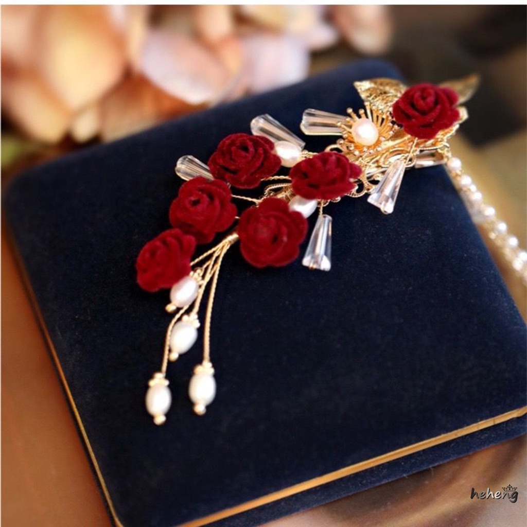 Kẹp Tóc Tua Rua Đính Hoa Hồng handmade Đính Hạt Ngọc Trai Cho Bé Gái
