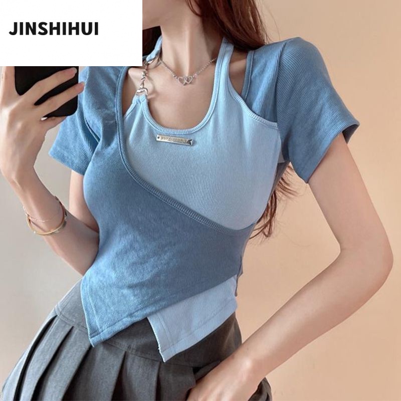 Áo thun nữ croptop JINSHIHUI A29J12F 36Z230909 thiết kế dáng ôm phong cách thời trang Hàn Quốc 2023 chất lượng cao