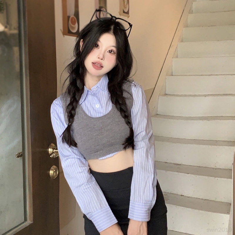 Áo Croptop Dệt Kim Không Tay Màu Sắc Đơn Giản Cho Nữ