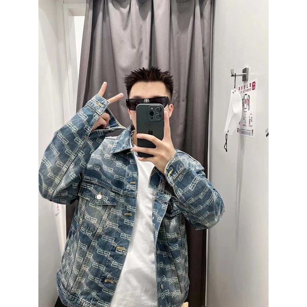 Balenciaga new classic full-print letter all-match retro old jacket all-match denim