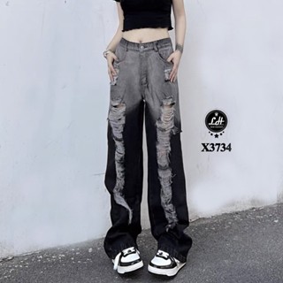 Quần jeans nữ ống rộng màu xám loang rách te tua siêu hot Lê Huy Fashion MS X3734 