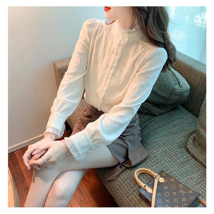 Áo Sơ Mi Tay Dài Cổ Ren Xếp Ly Màu Trơn Thời Trang Thu Đông