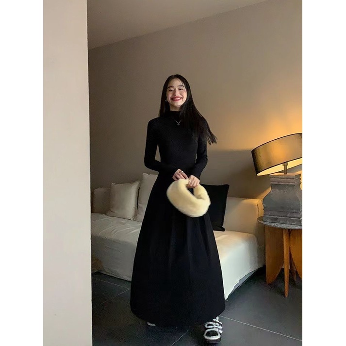 Đầm Đen Dài Tay size Lớn Phong Cách Pháp Thời Trang Thu Đông Thanh Lịch Cho Nữ