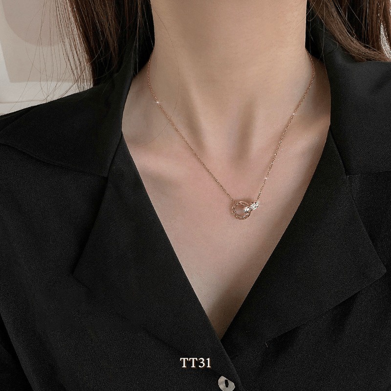 Vòng Cổ Ngắn Bằng Thép Titan Hai Vòng Tròn Đính Kim Cương Cho Nữ