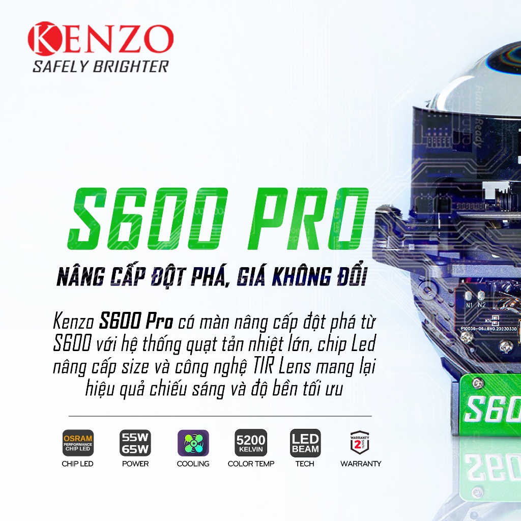 Đèn pha bi led hiệu suất cao Kenzo S600 pro 65W, pha cầu led xe ô tô, xe máy hệ thống tản nhiệt lớn, chip led nâng cấp