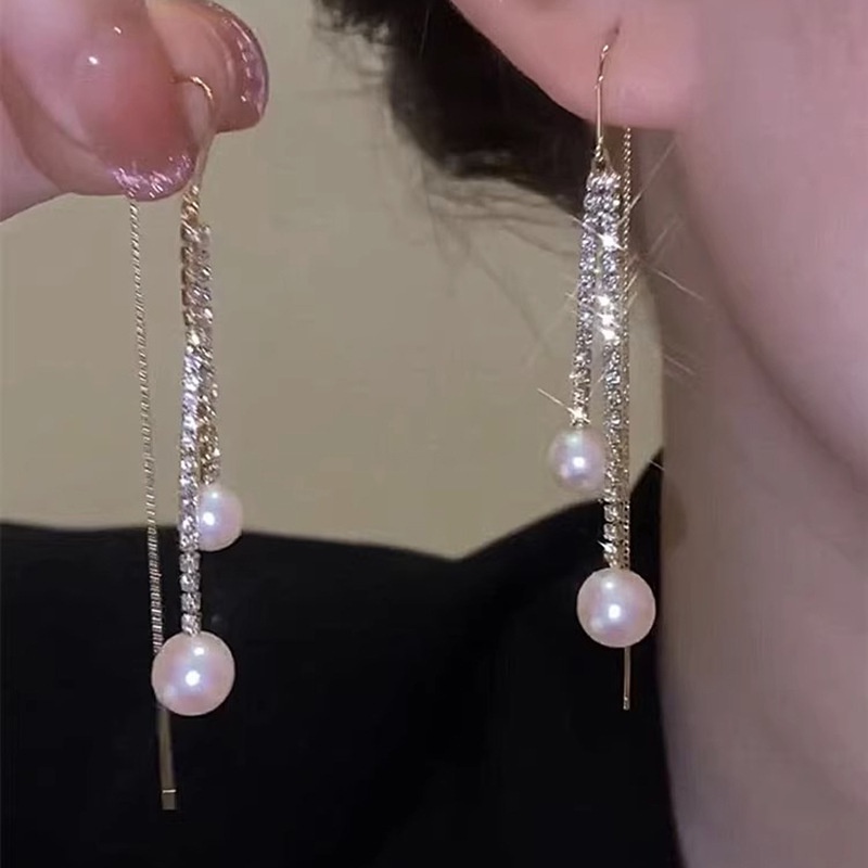 Bông Tai Dáng Dài Đính Ngọc Trai Cao Cấp Thiết Kế Đơn Giản Thời Trang