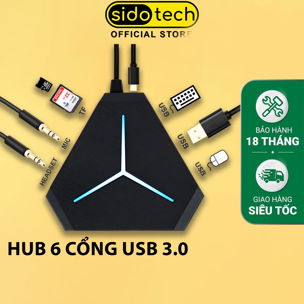 Bộ chia cổng HUB USB 3.0 SIDOTECH mở rộng kết nối đa năng 6 cổng USB tốc độ cao, cổng Audio, đầu đọc thẻ nhớ, đèn LED