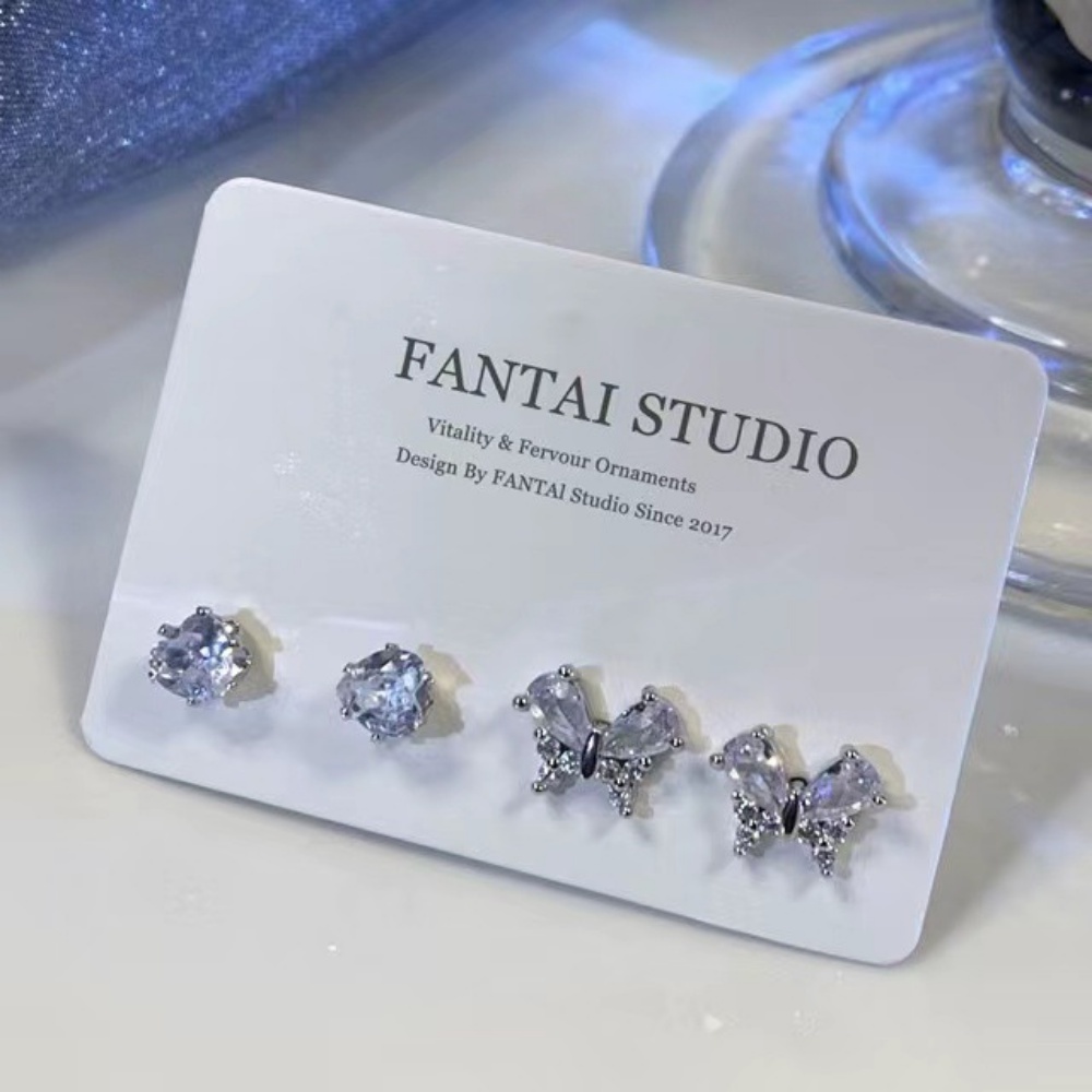 Hàng Có Sẵn set 4 Hoa Tai Đinh Tán Hình Trái Tim Bướm zircon Thời Trang Cá Tính