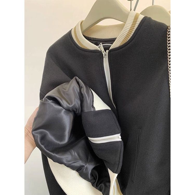 Áo Khoác Bóng Chày Dáng Ngắn Màu Đen Phong Cách retro Cho Nữ