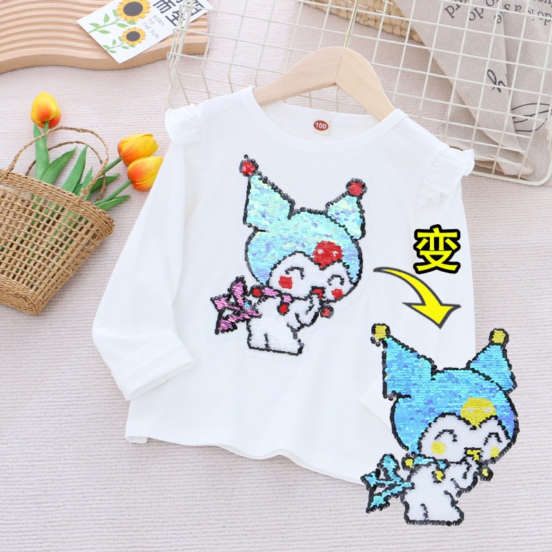 Áo Thun cotton Tay Dài Đính Kim Sa Thay Đổi Màu Sắc Họa Tiết Hoạt Hình Dành Cho Bé Gái