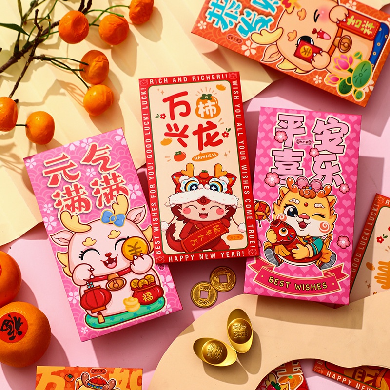 Set 6 Bao Lì Xì Mừng Năm Mới 2024 Màu Đỏ angpao cny