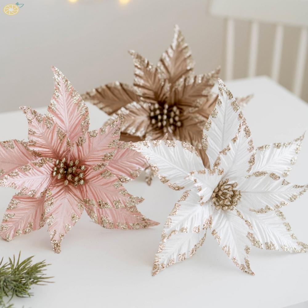 Christmas Flower Decor Glitter Plastic Poinsettia Christmas Tree Decoration