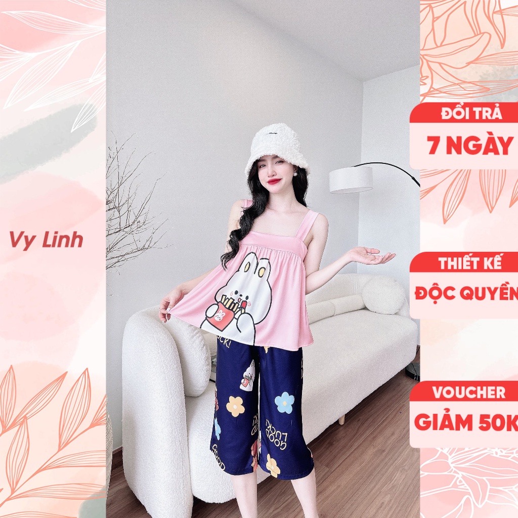 Bộ đồ ngủ Vy Linh quần lửng chất liệu lụa latin dây bản in hình 3D thoáng mát thấm hút mồ hôi tốt, thông thoáng S1031