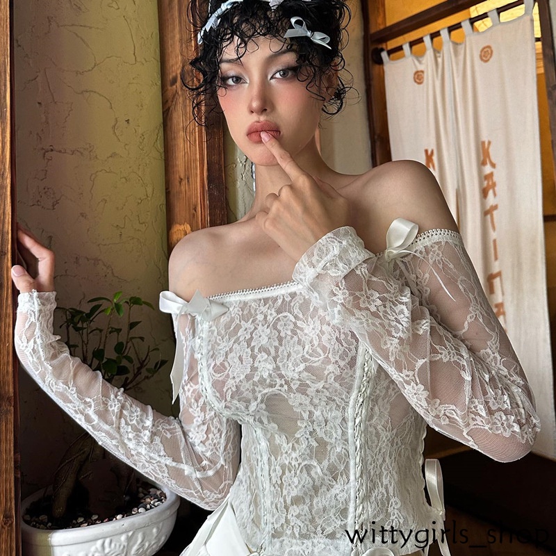 Wittygirls_ Shop |Áo Tay Dài Phối Ren + Chân Váy Thời Trang Nữ Tính