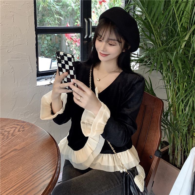 Áo Sơ Mi Nhung Phối Ren Bèo Phong Cách vintage