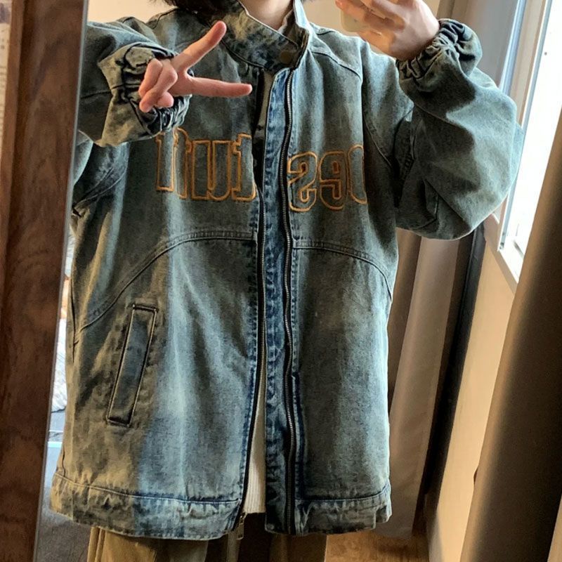 Áo Khoác Jean Dáng Rộng Có Khóa Kéo Thêu Họa Tiết Phong Cách Cổ Điển Hồng Kông Cho Nam Và Nữ zyq147