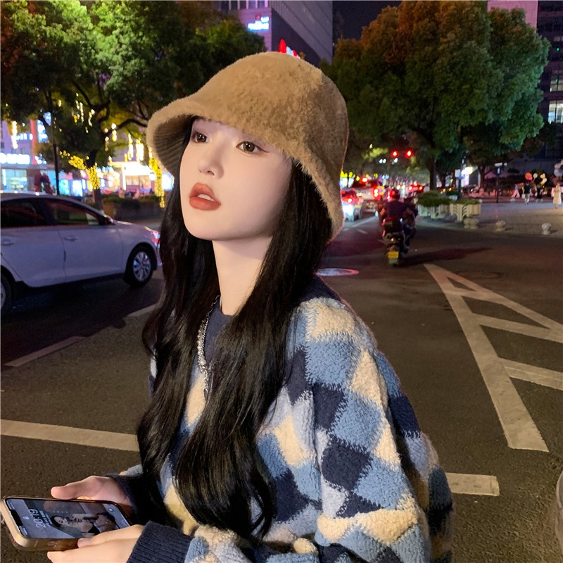 Nón Tai Bèo Phủ Lông Giữ Ấm Màu Trơn Phong Cách Nhật Bản Thời Trang Thu Đông Dành Cho Nữ Đen