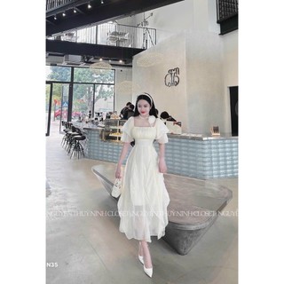 [248] ĐẦM TƠ XỐP DÁNG DÀI CỔ VUÔNG PHỐI VẠT BÈO BỒNG XÒE KÈM BÔNG CỔ XINH XẮN CHO NÀNG ĐI TIỆC, ĐI CHƠI