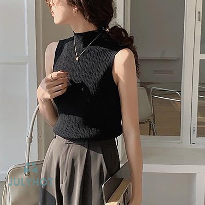 Áo Dệt Kim Sát Nách Cổ Lọ Màu Trơn Thời Trang Mùa Hè Cho Nữ