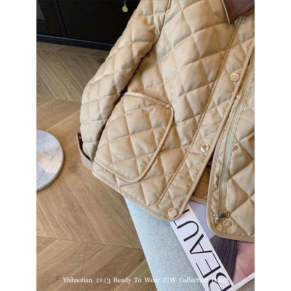 Áo Khoác Kaki Da Chắp Vải cotton Dáng Rộng Chắp Vá Đính Kim Cương Kiểu retro Thời Trang Thu Đông 2023