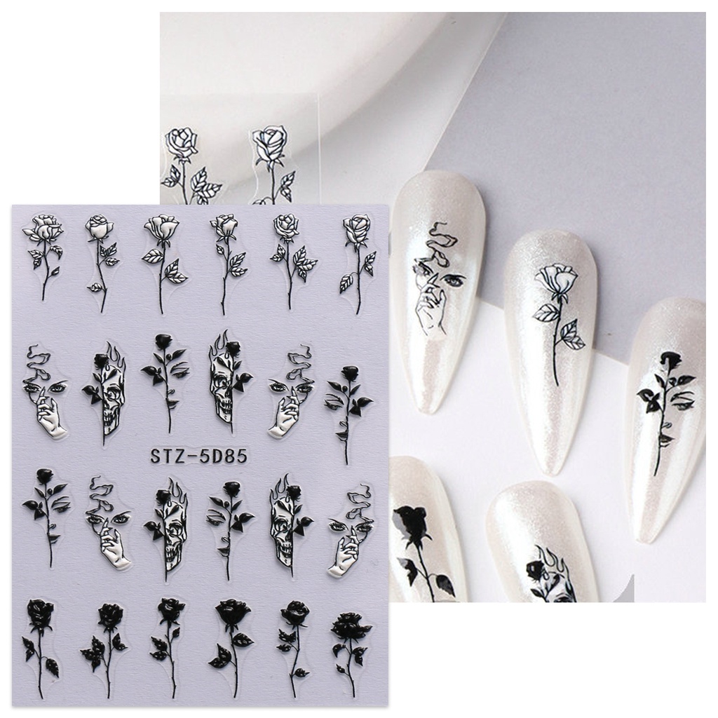 Hama Đề Can 5d Nổi Hình Hoa Hồng Và Bướm Màu Trắng Đen retro Trang Trí Móng Tay