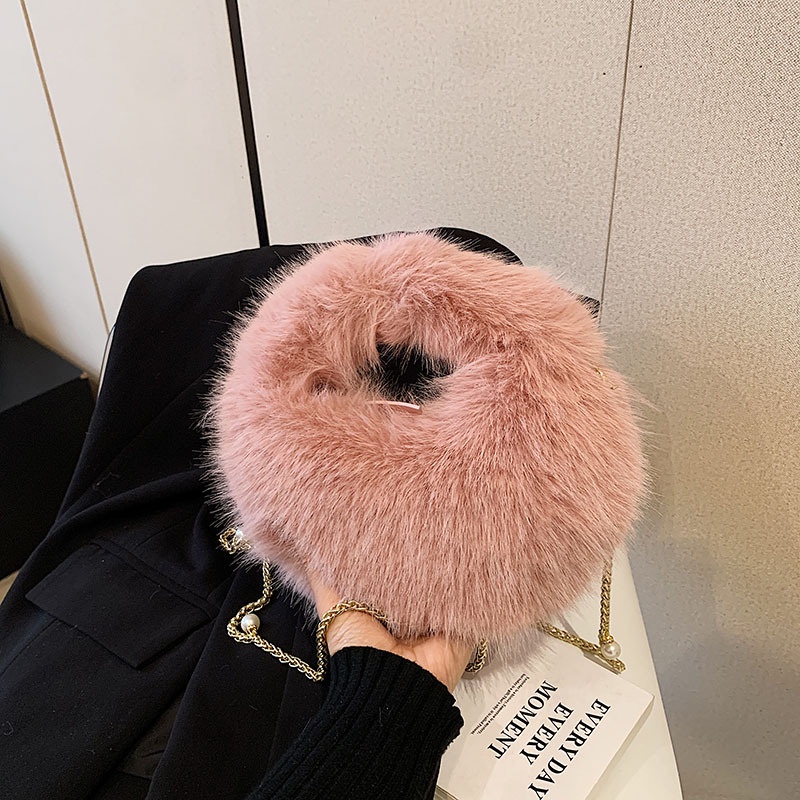 Túi Xách Đeo Vai Phủ Lông Phối Dây Xích Thời Trang Thu Đông Sành Điệu Dành Cho Nữ