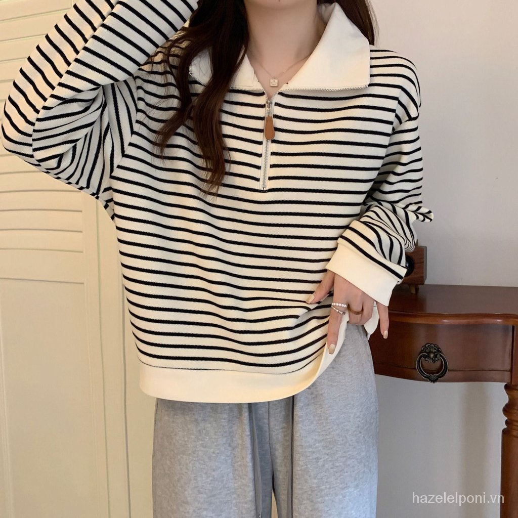 Áo Thun polo Tay Dài Hở Vai Có Khóa Kéo Dáng Rộng Phong Cách Mỹ Thời Trang Mùa Thu Hàng Mới Dành Cho Bạn Nữ